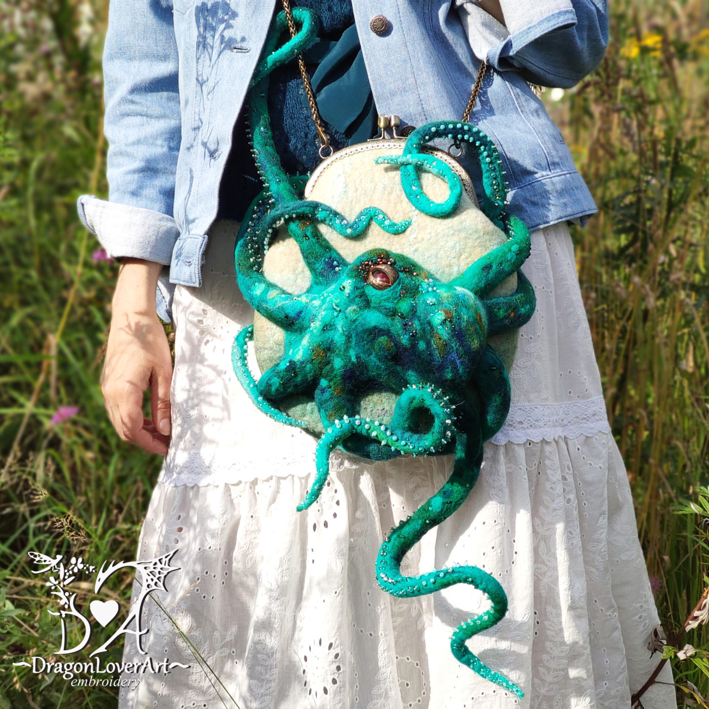 Octopus felt crossbody bag with beads embroidery