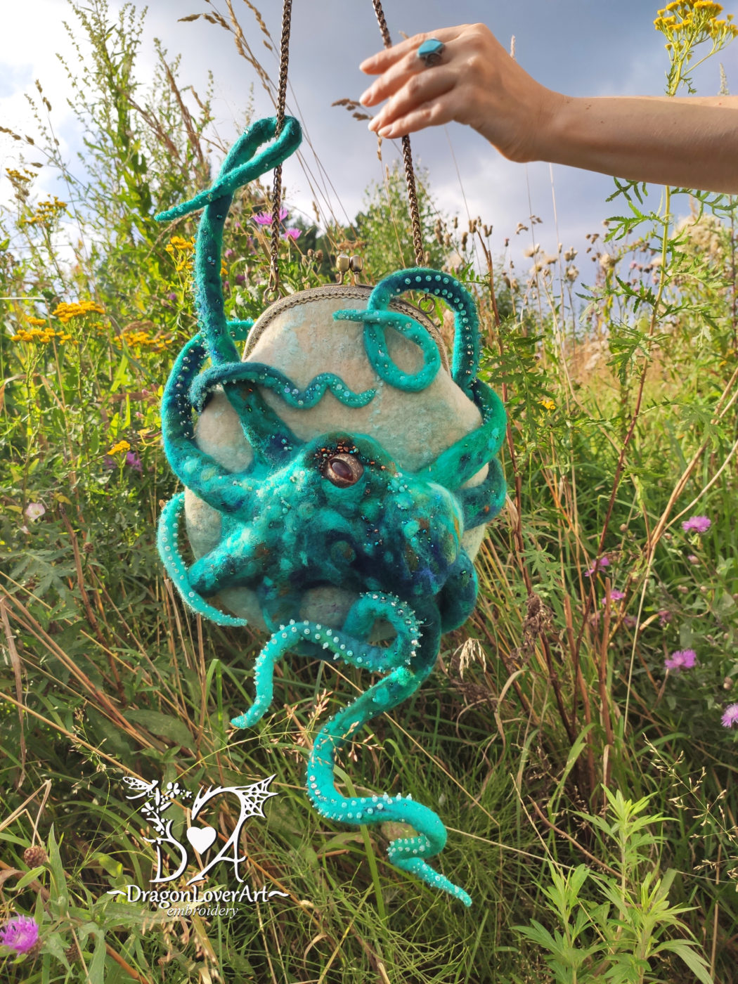 turquoise octopus tentacles felt bag