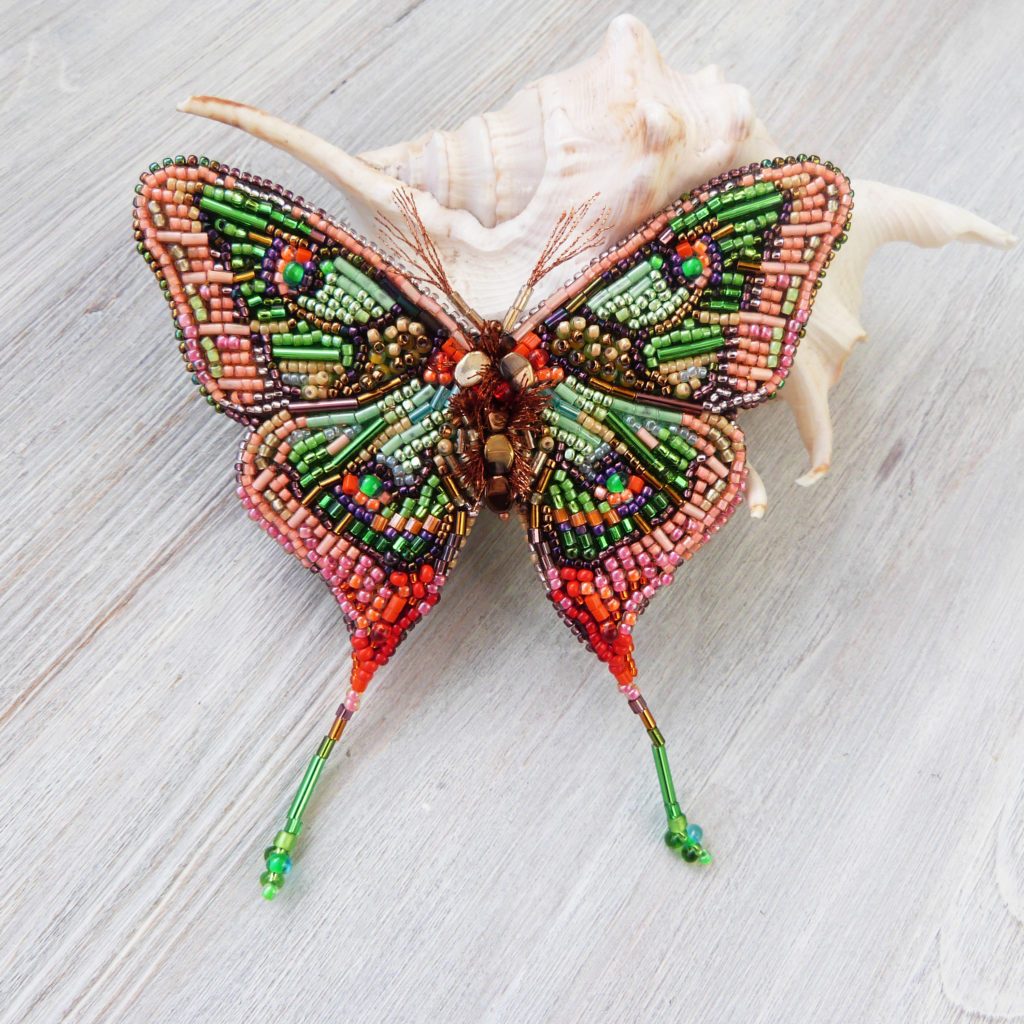 coral butterfly bright beaded pin