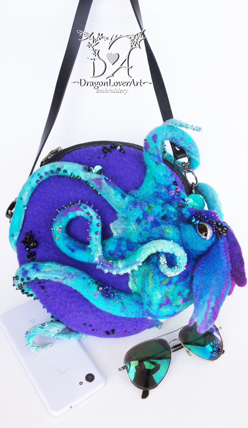 octopus circle felted bag in purple blue colors