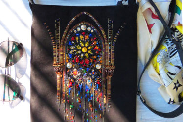 Velvet plane bag with gothic stain glass embroidery