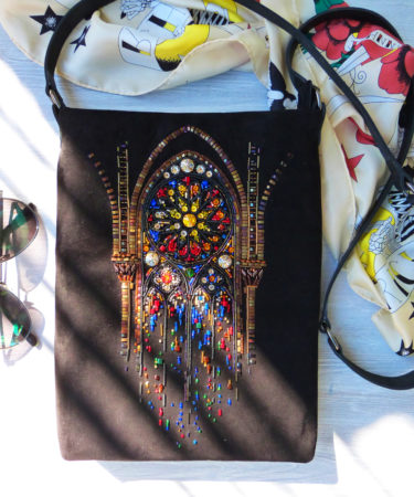 Velvet plane bag with gothic stain glass embroidery