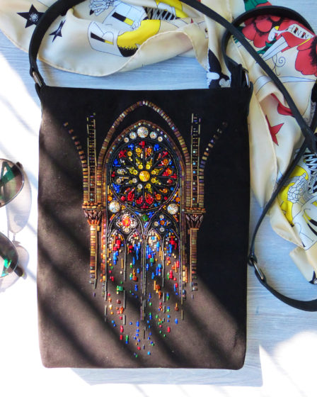 Velvet plane bag with gothic stain glass embroidery