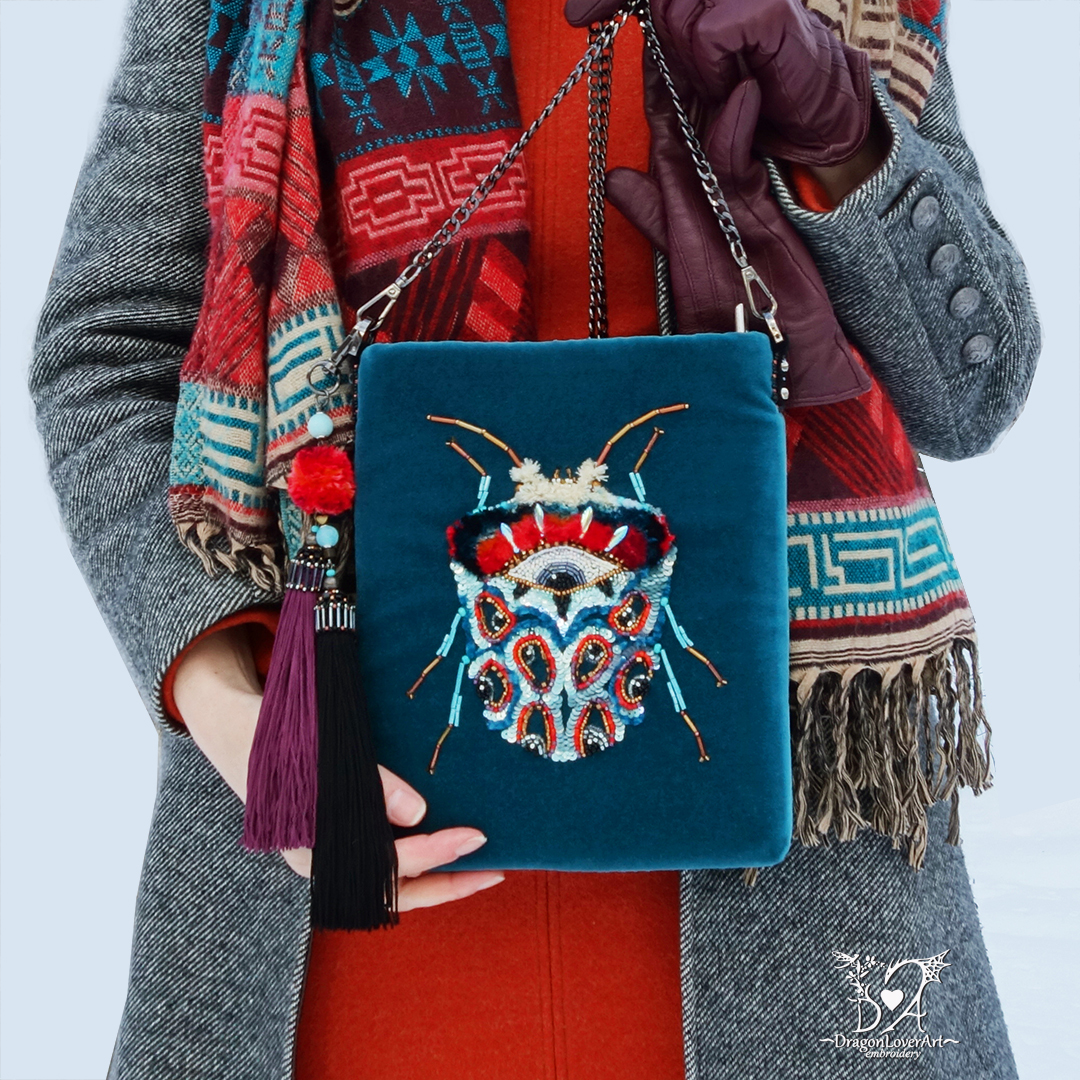 Turquoise velvet bag with beads embroidery beetle