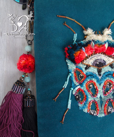 turquoise beetle embroidery velvet bag