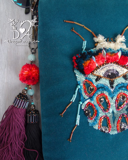 turquoise beetle embroidery velvet bag
