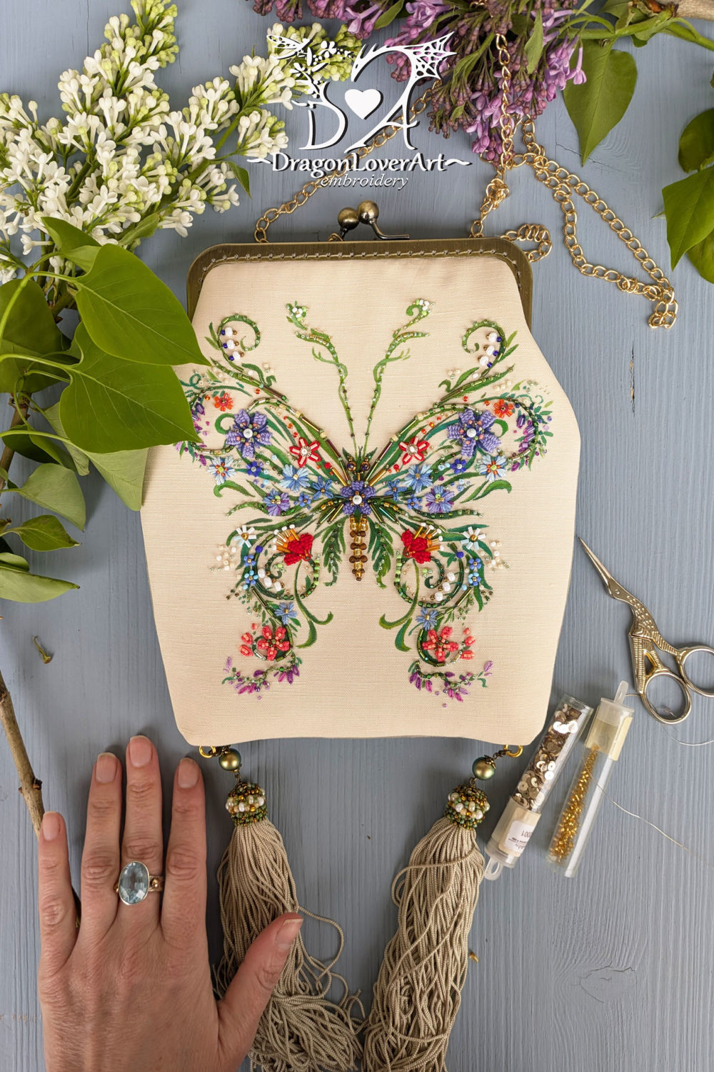 beige linen bag with butterfly embroidery