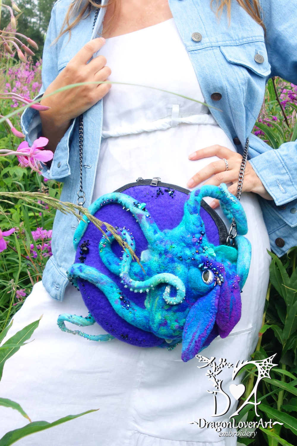 blue purple octopus circle bag with dress