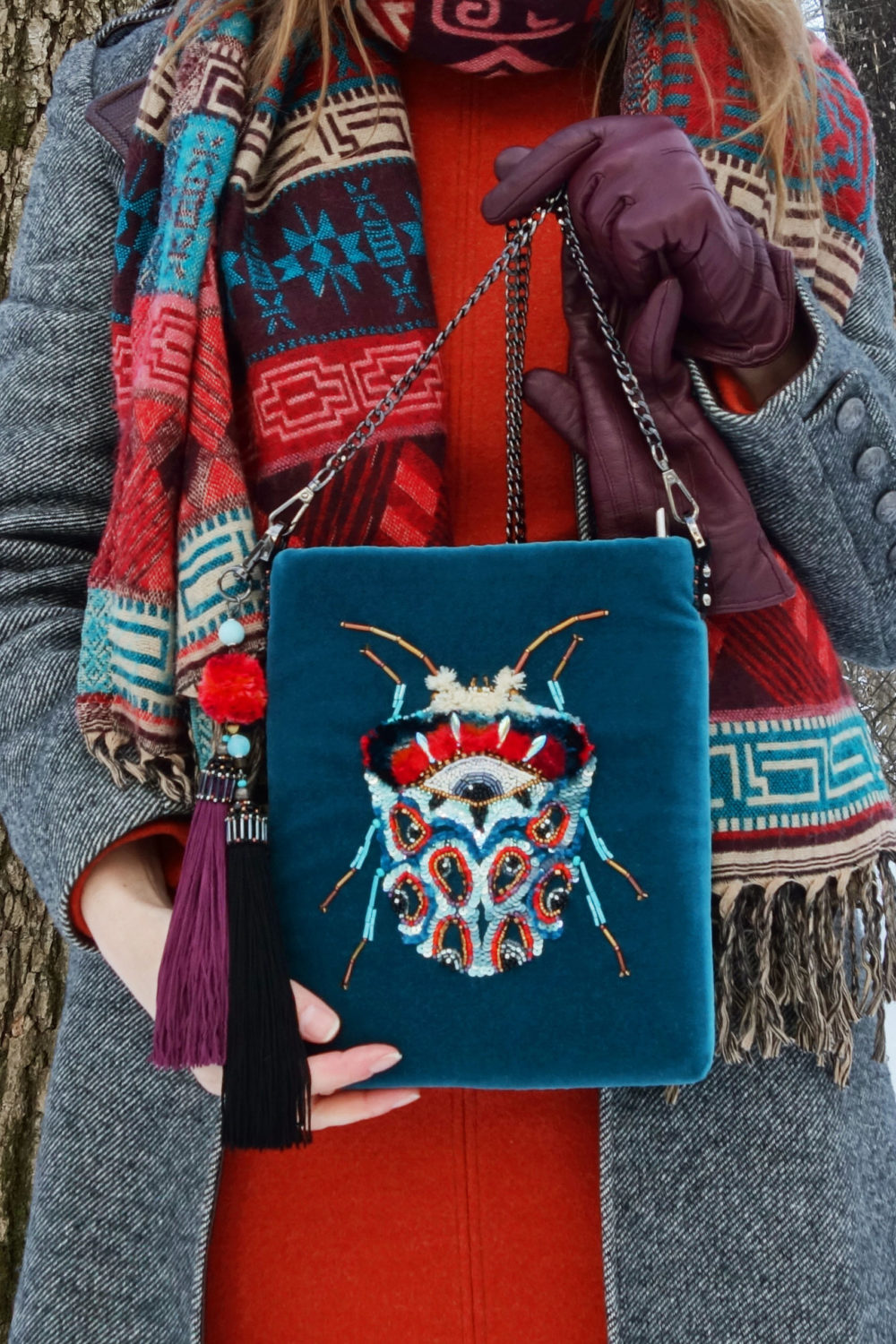 Velvet beetle boho bag with coat